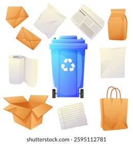 Paper products around a blue trash can, sorting paper waste, waste paper. Recycling cardboard boxes, paper bags, newspapers, kraft packaging. Ecology, saving the planet, zero waste, recycling.