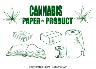 Paper products made from cannabis. Use of hemp paper. Napkin, box, kitchen towel, toilet paper, book. Hand drawn vector illustration