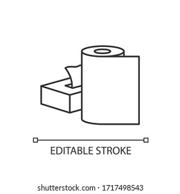Paper products pixel perfect linear icon. Disposable tissues in box. Toiletries and tablecloth. Thin line customizable illustration. Contour symbol. Vector isolated outline drawing. Editable stroke