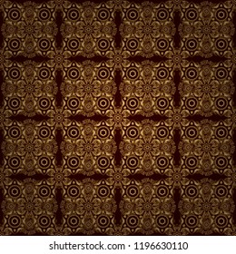 Paper products, wrapping, textiles on brown colored background. Vector Christmas seamless pattern in Doodle style Golden snowflakes.