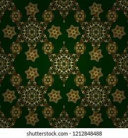 Paper products, wrapping, textiles on green colored background. Vector Christmas seamless pattern in Doodle style Golden snowflakes.