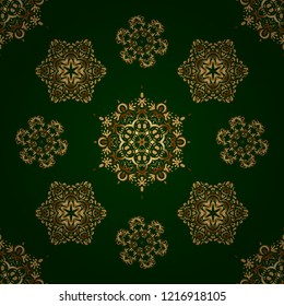 Paper products, wrapping, textiles on green colored background. Vector Christmas seamless pattern in Doodle style Golden snowflakes.