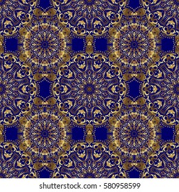 Paper products, wrapping, textiles on blue colored background. Vector Christmas seamless pattern in Doodle style Golden snowflakes.