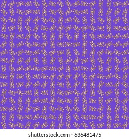 Paper products, wrapping, textiles on violet colored background. Vector Christmas seamless pattern in Doodle style Golden snowflakes.