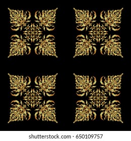 Paper products, wrapping, textiles on black colored background. Vector Christmas seamless pattern in Doodle style Golden snowflakes.