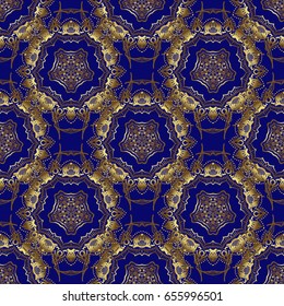 Paper products, wrapping, textiles on blue colored background. Vector Christmas seamless pattern in Doodle style Golden snowflakes.