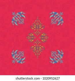 Paper products, wrapping, textiles. Vector Christmas seamless pattern in Doodle style with blue, yellow and pink snowflakes.