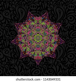 Paper products, wrapping, textiles. Vector Christmas seamless pattern in Doodle style with purple, green and brown snowflakes.