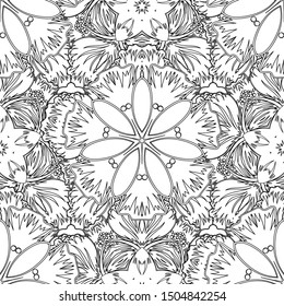 Paper products, wrapping, textiles. Vector Christmas seamless pattern in Doodle style with white and black snowflakes.