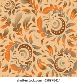 Paper products, wrapping, textiles. Vector Christmas seamless pattern in Doodle style with brown, beige and orange snowflakes.