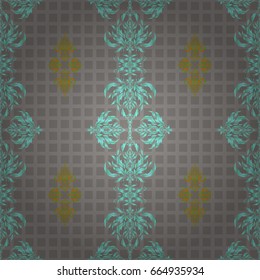 Paper products, wrapping, textiles. Vector Christmas seamless pattern in Doodle style with green, orange and gray snowflakes.