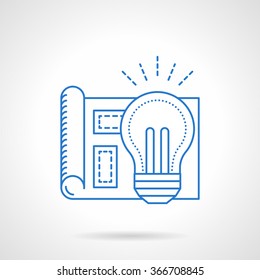 Paper with project and light bulb. Business idea, search of solutions. Blue flat line style vector icon. Design element for website, mobile app, business. 