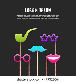 Paper props for party.Vector design template with mustache, pipe, smile, glasses