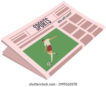Paper publication with fresh news. Newspaper about sports, football, games, soccer against background of workplace. Newspaper with news and sports headline. Publishing article about football