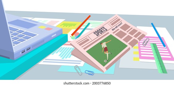 Paper publication with fresh news. Newspaper about sports, football, games, soccer against background of workplace. Newspaper with news and sports headline. Publishing article about football