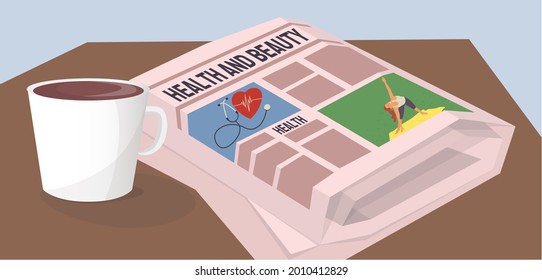 Paper publication with fresh news. Publishing article, newspaper about healthcare on table near cup of coffee. Newspaper with news and health and beauty headline. Daily news theme, morning report