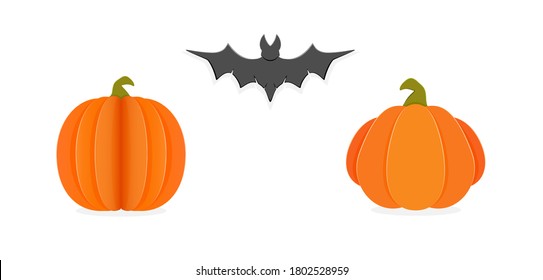 Calabazas de papel y murciélago negro aislados sobre fondo blanco. Elementos de dibujos animados para el diseño de vacaciones. Iconos para Halloween o el Día de Acción de Gracias. La ilustración puede utilizarse para fondos de vacaciones, tarjetas, banners