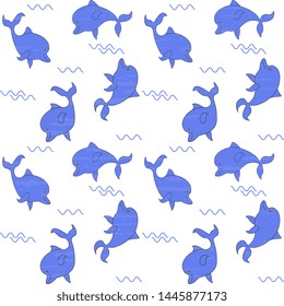 Paper with purple dolphins and waves on white textured background.  Seamless pattern.
