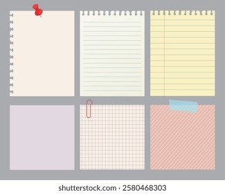 Paper with push pin, Paper clip and adhesive tape, Note sheet, sticky note, notebook page, Templates for note message, vector