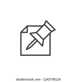 Paper push pin outline icon. linear style sign for mobile concept and web design. Office Thumbtack and paper sheet simple line vector icon. Symbol, logo illustration. Pixel perfect vector graphics