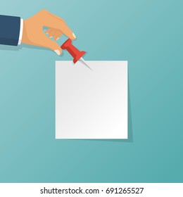 Paper push pins. Thumbtack in hand man. Empty white sheet isolated on background. Vector illustration flat design. Attach announcement to wall. Reminder idea. List message.