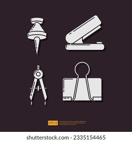 Paper pushpin, office stapler, architecture compass, paper binder clip. School or office stationery glyph icon set. Vector Collection Illustration