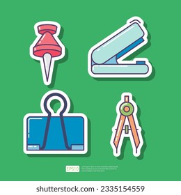 Paper pushpin, office stapler, architecture compass, paper binder clip. School or office stationery sticker icon set. Vector Collection Illustration