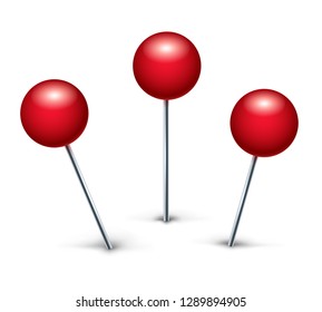 Paper pushpins. Realistic school red push pins isolated on white background, map thumbtacks for noticeboard vector illustration