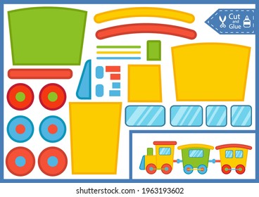 Paper puzzle game with cartoon train. Kids education cut and glue applique for preschool. Child craft. Vector illustration.