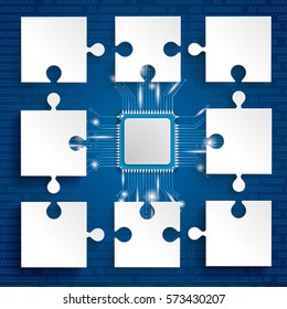 Paper puzzles pieces with microchip on the blue background. Eps 10 vector file.