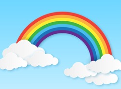 Paper Rainbow. Clouds And Rainbow On Sky Origami Style, Wallpaper For Childrens Bedroom, Baby Room Craft Design Colorful Vector Magic Kid Background