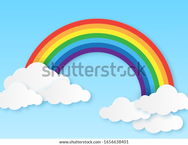 Paper rainbow. Clouds and rainbow on sky\
origami style, wallpaper for childrens bedroom, baby room craft\
design colorful vector magic kid\
background