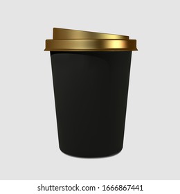 Paper realistic black coffee cup with a gold cover. Mockup coffee mugs. Disposable glass for drinks. Template for products, web banners and leaflets. Vector illustration