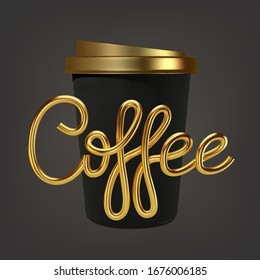 Paper realistic coffee cup and golden inscription coffee. 3D Mockup coffee mugs. Disposable glass for drinks. Template for products, web banners and leaflets. Vector illustration