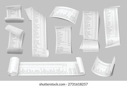 Paper receipt 3d realistic mockup. Bill and invoice check shop. Receipt white rolls, register sale printed receipt. Vector isolated set.