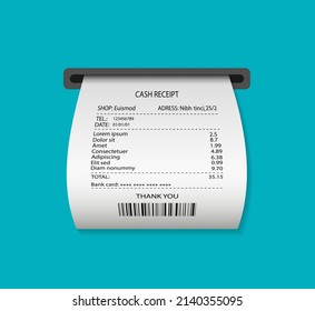 Paper receipt from atm. Print invoice in supermarket. Print cash bill or ticket. Atm reciept after payment. Invoice with list of purchases. Isolated illustration on blue background. Vector.