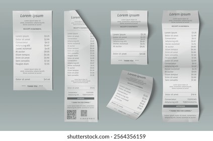 Paper receipt bill collection - curled white purchase documents with transaction details, price listing, QR code, approval stamp and thank you message. Financial mockup templates with payment records.