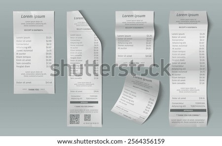 Paper receipt bill collection - curled white purchase documents with transaction details, price listing, QR code, approval stamp and thank you message. Financial mockup templates with payment records.