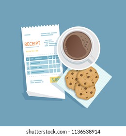 Paper receipt for cup of coffee, cookies with chocolate chips. Restaurant bill paying. Customer's payment for cafe service. Cashier check, invoice, order. Money for goods and services. Vector 
