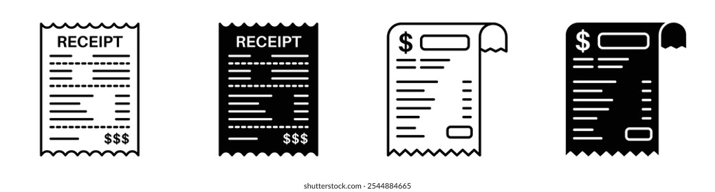 Paper receipt icon collection in black and white filled and solid vector style.