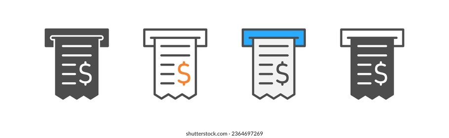 Paper receipt icon on light background. Fiscal check symbol. Total payment, invoice, sales, pay bill, financial operations. Outline flat and colored style. Vector illustration.