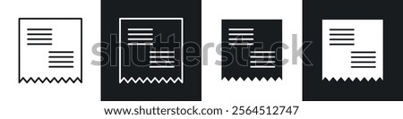 Paper receipt icons collection in black filled and line style.