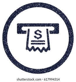 Paper Receipt Machine grainy textured icon inside circle for overlay watermark stamps. Flat symbol with dust texture. Circled vector indigo blue rubber seal stamp with grunge design.