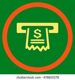 Paper Receipt Machine vector bicolor rounded icon. Image style is a flat icon symbol inside a circle, orange and yellow colors, green background.