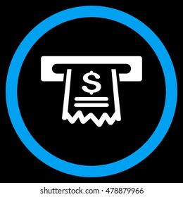 Paper Receipt Machine vector bicolor rounded icon. Image style is a flat icon symbol inside a circle, blue and white colors, black background.