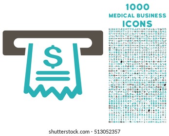 Paper Receipt Machine vector bicolor icon with 1000 medical business icons. Set style is flat pictograms, grey and cyan colors, white background.