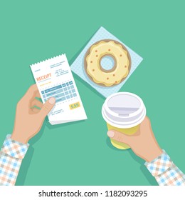 Paper Receipt In Man Hand, Coffee To Go, Donut. Restaurant Bill Paying. Customer's Payment For Cafe Service. Cashier Check, Invoice, Order. Money For Goods And Services. Vector Illustration