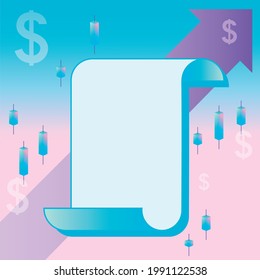 Un recibo de papel en un fondo de color con un dólar. Un documento sobre el préstamo de dinero. Transacción de crédito. Un contrato legal. Nota de compromiso, impreso comercial, concepto de préstamo simple