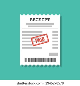 paper receipt with paid stamp, flat vector illustration