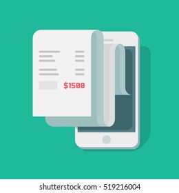 Papierquittung auf Handy-Vektorillustration Illustration, Finanzdaten-Bericht Smartphone-Stil, Statistik-Datenanalyse, Nachrichtenübersicht einzeln auf Farbhintergrund